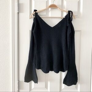 NWOT Venus Black Ribbed Cold-Shoulder V-Neck Sweater